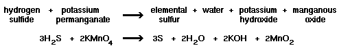 hydrogen sulfide + potassium permanganate = elemental sulfur + water + potassium hydroxide + manganous oxide